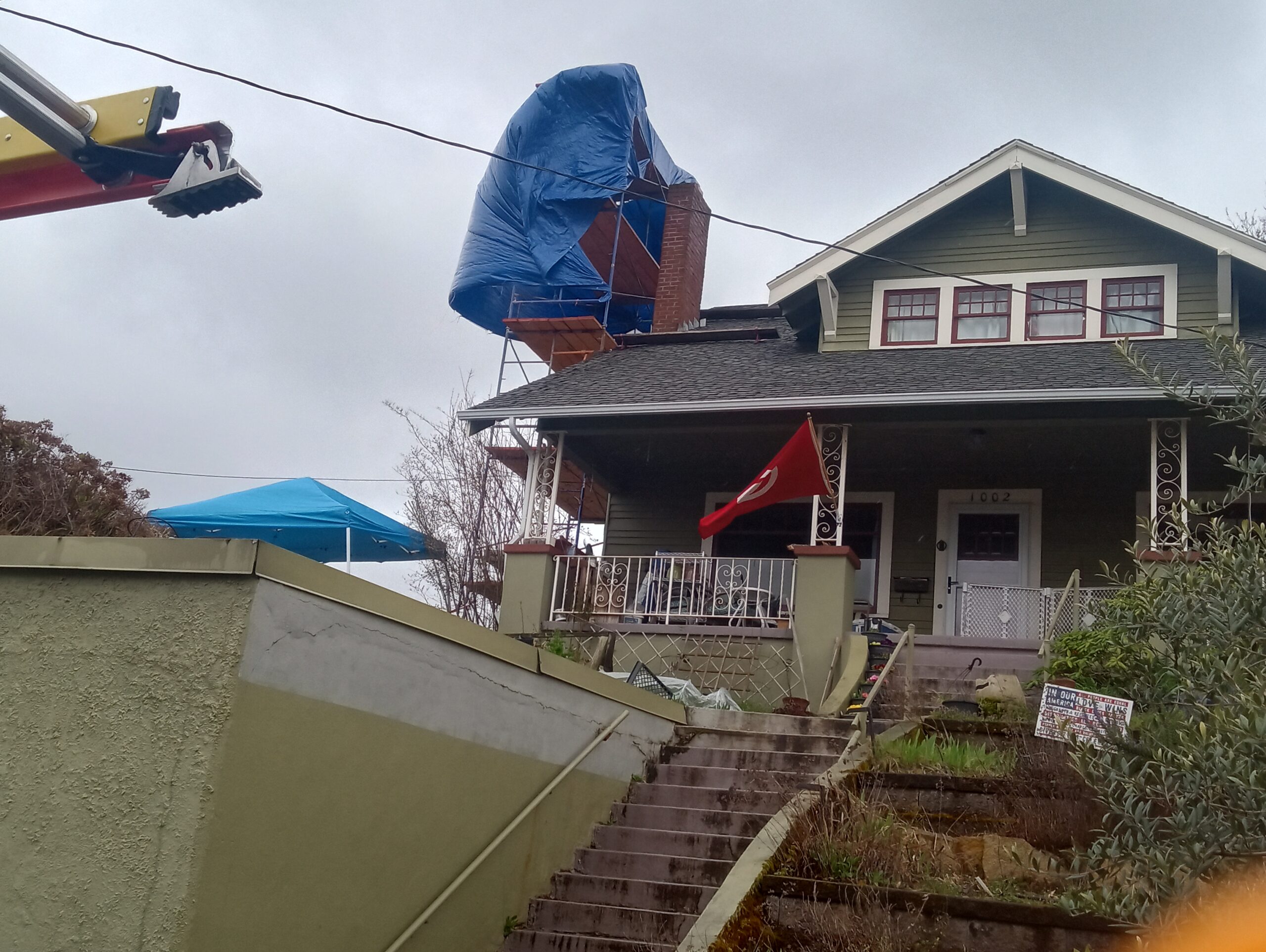 Chimney repair portland oregon 2025 Scaffolding set up in front of a chimney in Portland Oregon. Chimney is being repaired